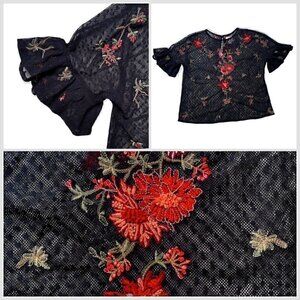 Maeve Anthropologie Sheer Short Sleeve Black Top Floral Embroidery Women’s XS